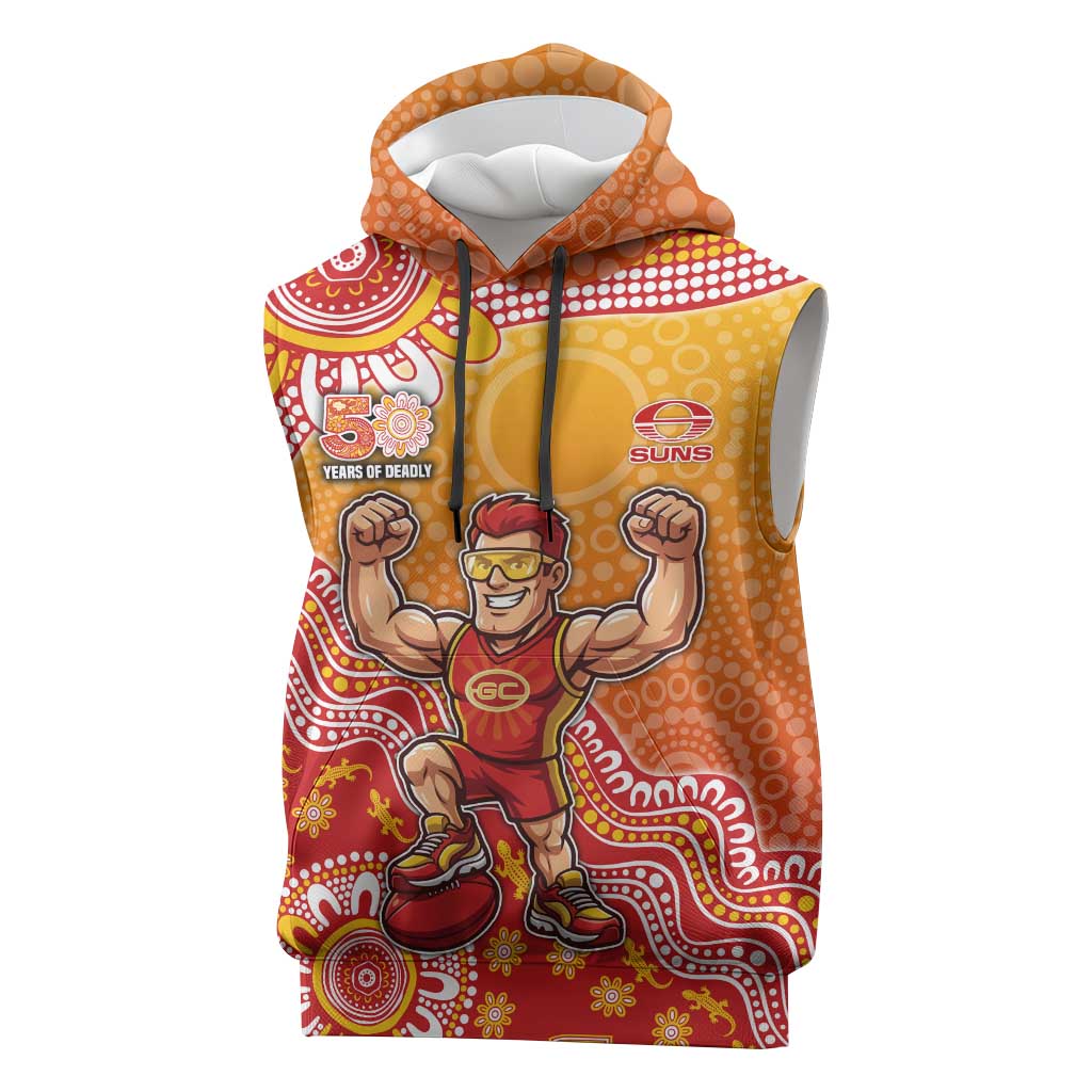 Personalized Suns Football Mascot Sleeveless Hoodie Aboriginal Dot Art Style Vibrant Indigenous Pattern Design