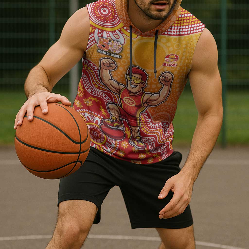 Personalized Suns Football Mascot Sleeveless Hoodie Aboriginal Dot Art Style Vibrant Indigenous Pattern Design