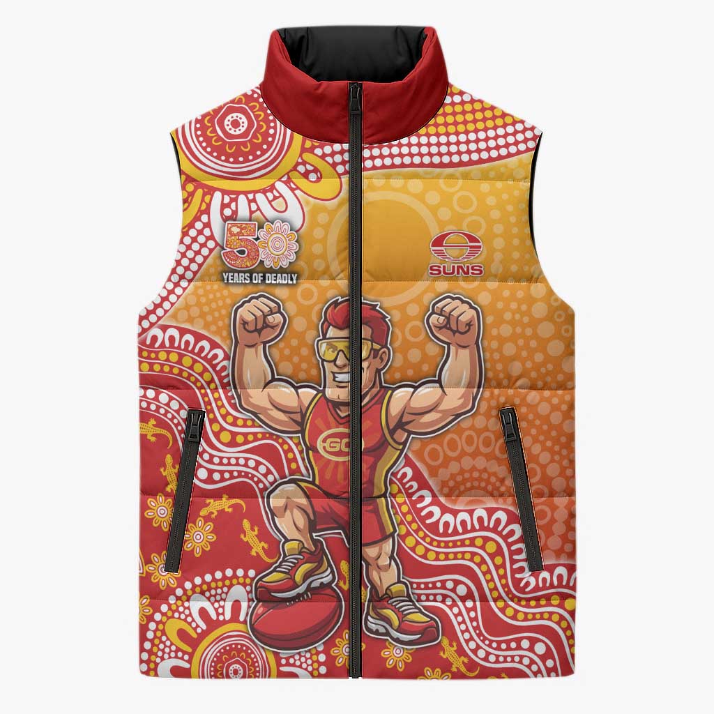 Personalized Suns Football Mascot Sleeveless Puffer Jacket Aboriginal Dot Art Style Vibrant Indigenous Pattern Design