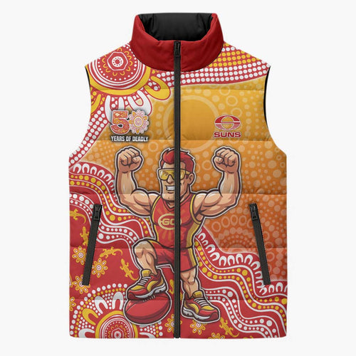 Personalized Suns Football Mascot Sleeveless Puffer Jacket Aboriginal Dot Art Style Vibrant Indigenous Pattern Design