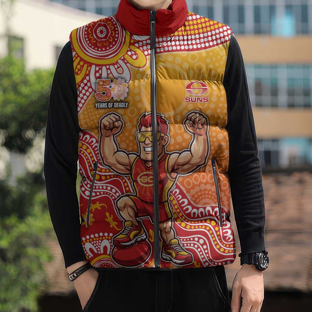 Personalized Suns Football Mascot Sleeveless Puffer Jacket Aboriginal Dot Art Style Vibrant Indigenous Pattern Design