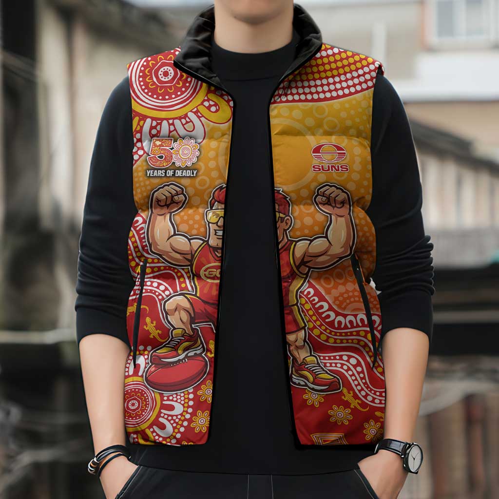 Personalized Suns Football Mascot Sleeveless Puffer Jacket Aboriginal Dot Art Style Vibrant Indigenous Pattern Design