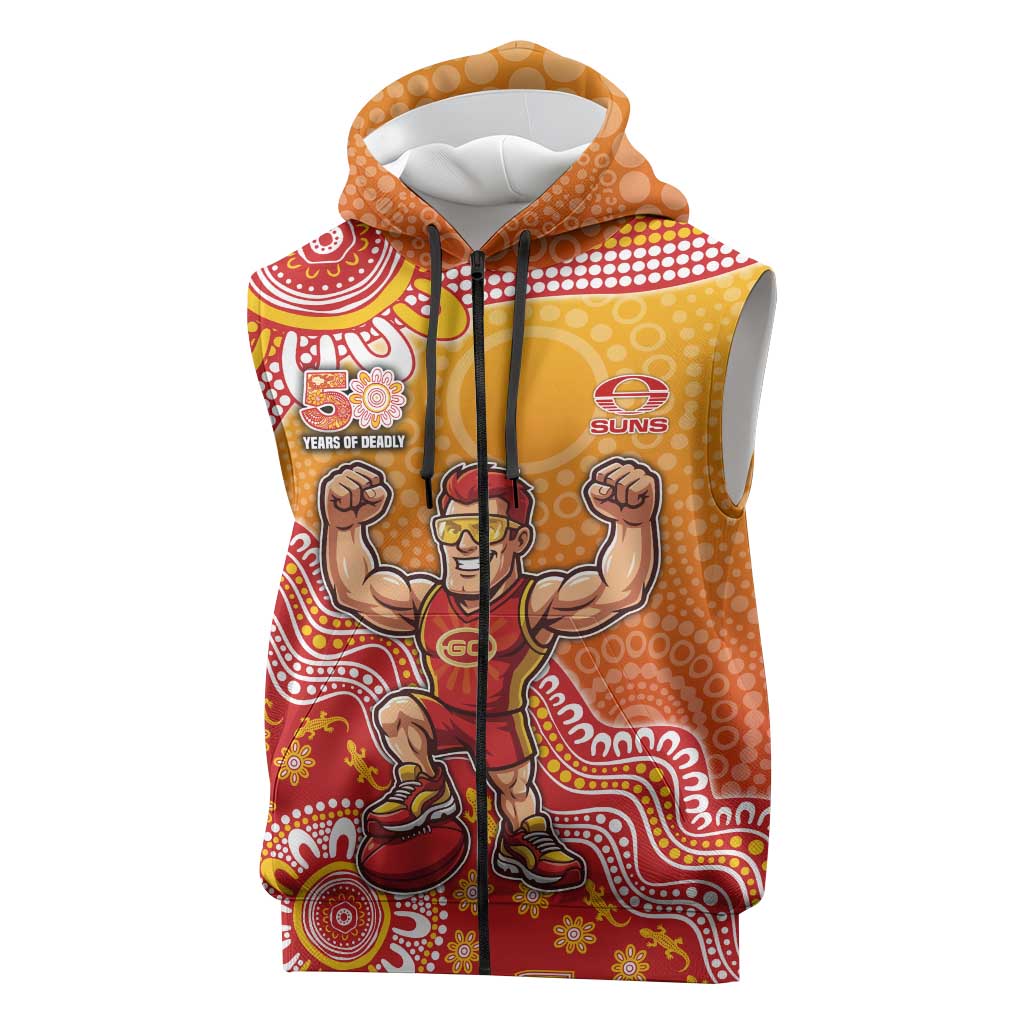 Personalized Suns Football Mascot Sleeveless Zip Hoodie Aboriginal Dot Art Style Vibrant Indigenous Pattern Design