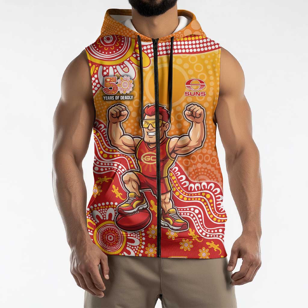 Personalized Suns Football Mascot Sleeveless Zip Hoodie Aboriginal Dot Art Style Vibrant Indigenous Pattern Design