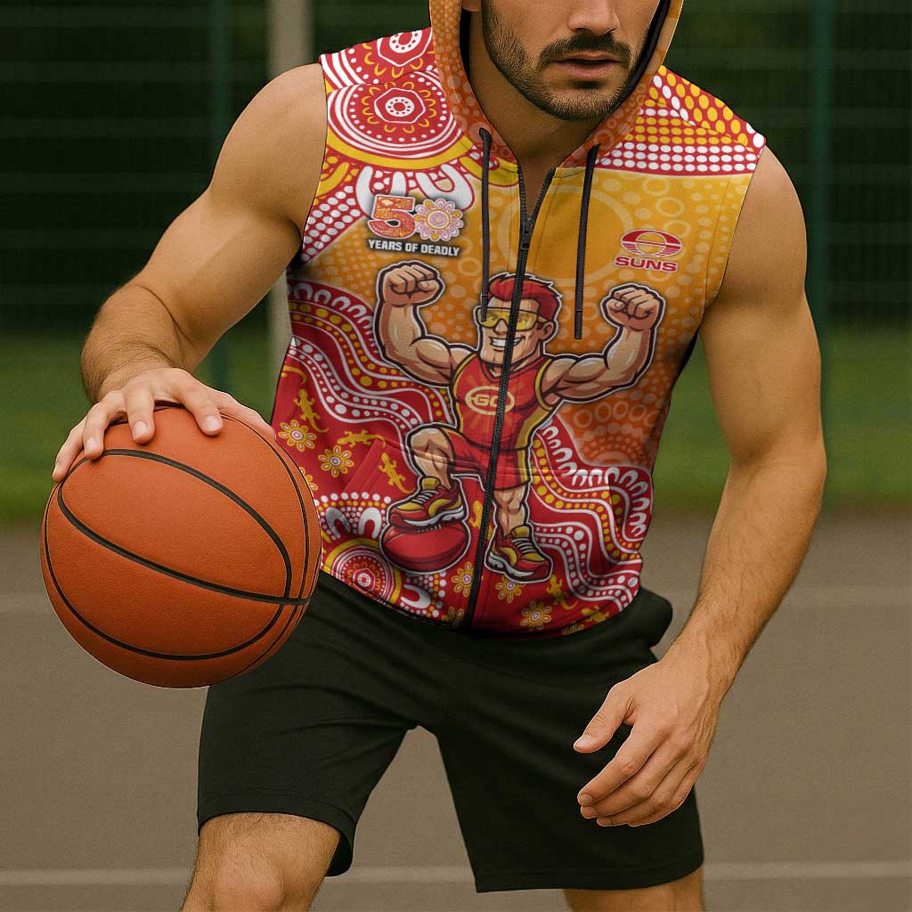 Personalized Suns Football Mascot Sleeveless Zip Hoodie Aboriginal Dot Art Style Vibrant Indigenous Pattern Design