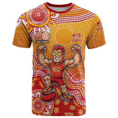 Personalized Suns Football Mascot T Shirt Aboriginal Dot Art Style Vibrant Indigenous Pattern Design