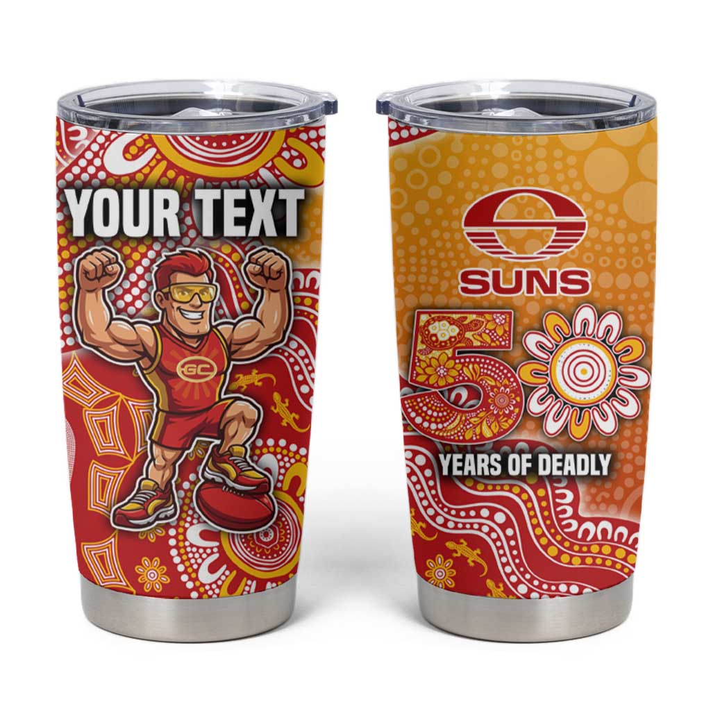 Personalized Suns Football Mascot Tumbler Cup Aboriginal Dot Art Style Vibrant Indigenous Pattern Design