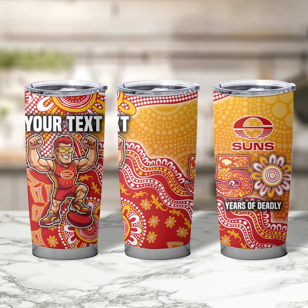 Personalized Suns Football Mascot Tumbler Cup Aboriginal Dot Art Style Vibrant Indigenous Pattern Design
