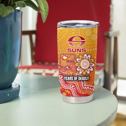 Personalized Suns Football Mascot Tumbler Cup Aboriginal Dot Art Style Vibrant Indigenous Pattern Design