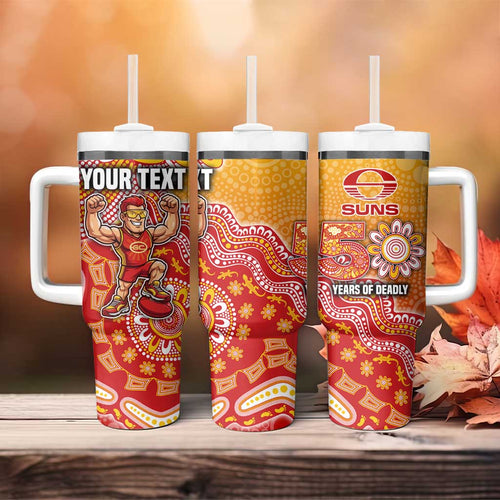 Personalized Suns Football Mascot Tumbler With Handle Aboriginal Dot Art Style Vibrant Indigenous Pattern Design