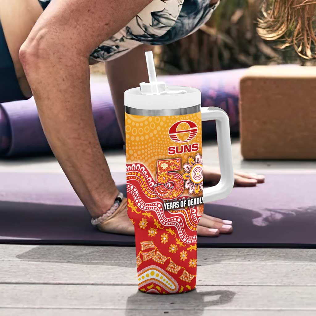Personalized Suns Football Mascot Tumbler With Handle Aboriginal Dot Art Style Vibrant Indigenous Pattern Design