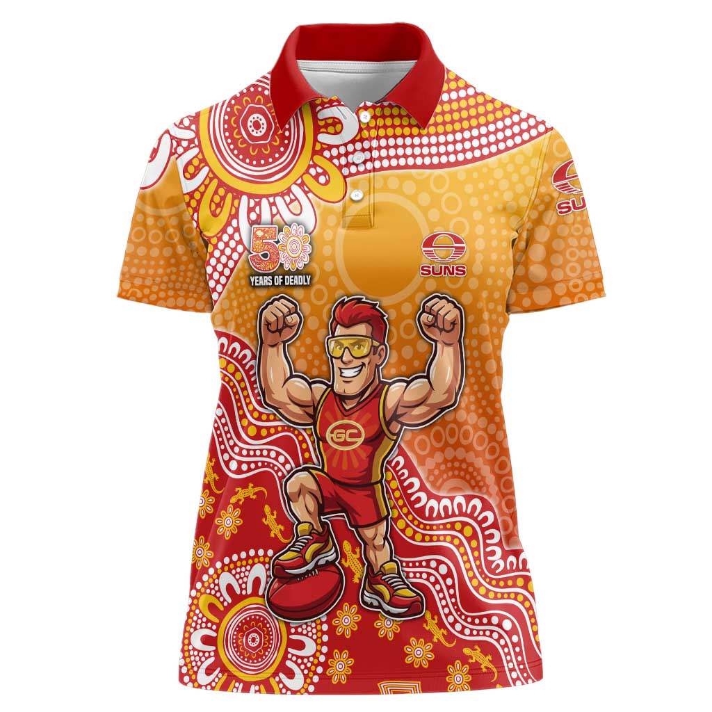 Personalized Suns Football Mascot Women Polo Shirt Aboriginal Dot Art Style Vibrant Indigenous Pattern Design