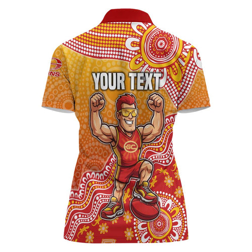 Personalized Suns Football Mascot Women Polo Shirt Aboriginal Dot Art Style Vibrant Indigenous Pattern Design