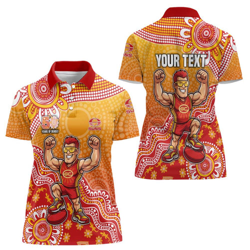 Personalized Suns Football Mascot Women Polo Shirt Aboriginal Dot Art Style Vibrant Indigenous Pattern Design