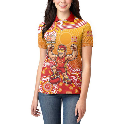Personalized Suns Football Mascot Women Polo Shirt Aboriginal Dot Art Style Vibrant Indigenous Pattern Design
