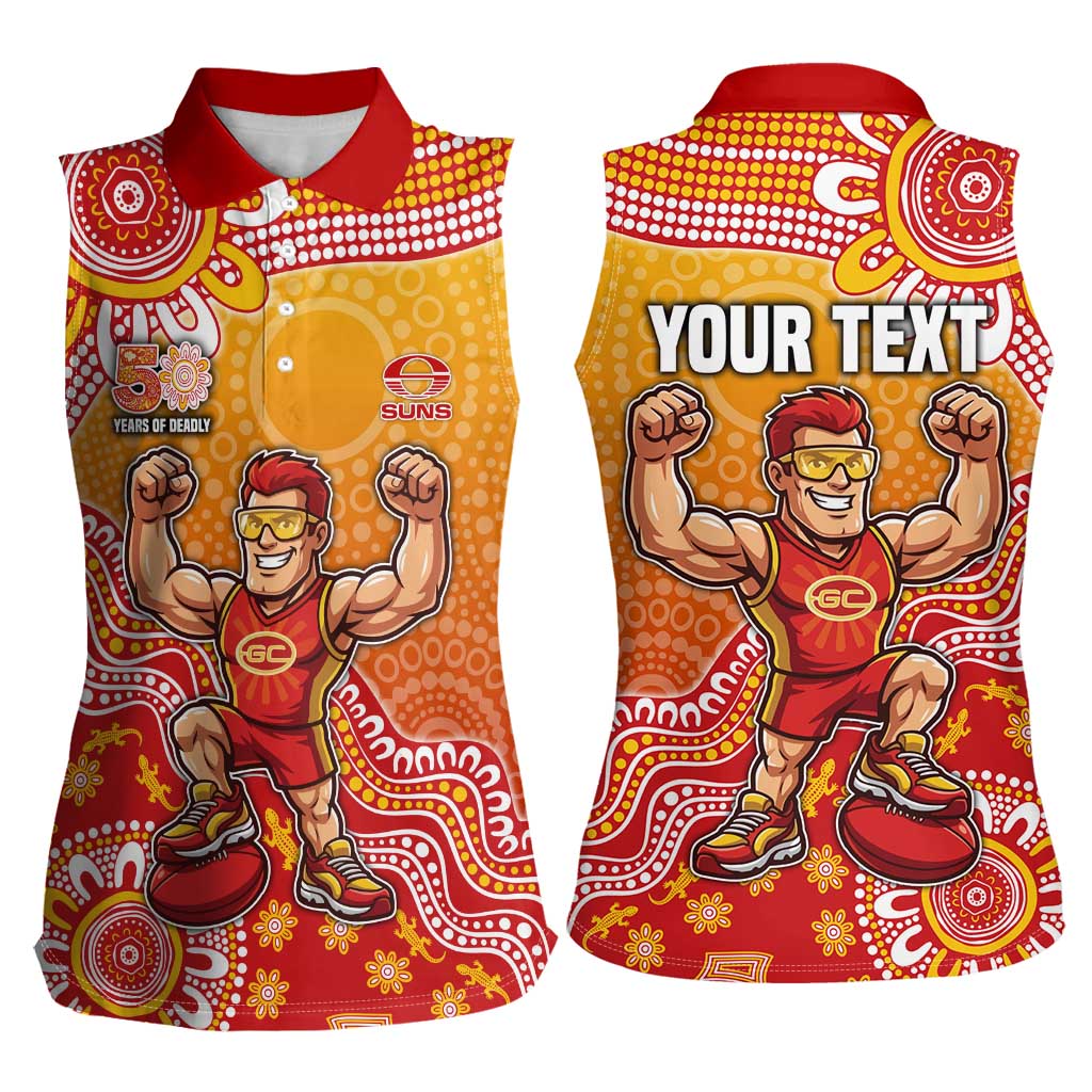 Personalized Suns Football Mascot Women Sleeveless Polo Shirt Aboriginal Dot Art Style Vibrant Indigenous Pattern Design
