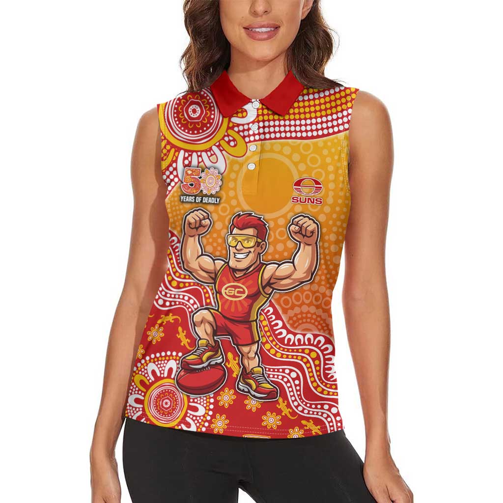 Personalized Suns Football Mascot Women Sleeveless Polo Shirt Aboriginal Dot Art Style Vibrant Indigenous Pattern Design