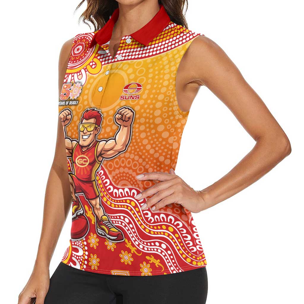 Personalized Suns Football Mascot Women Sleeveless Polo Shirt Aboriginal Dot Art Style Vibrant Indigenous Pattern Design
