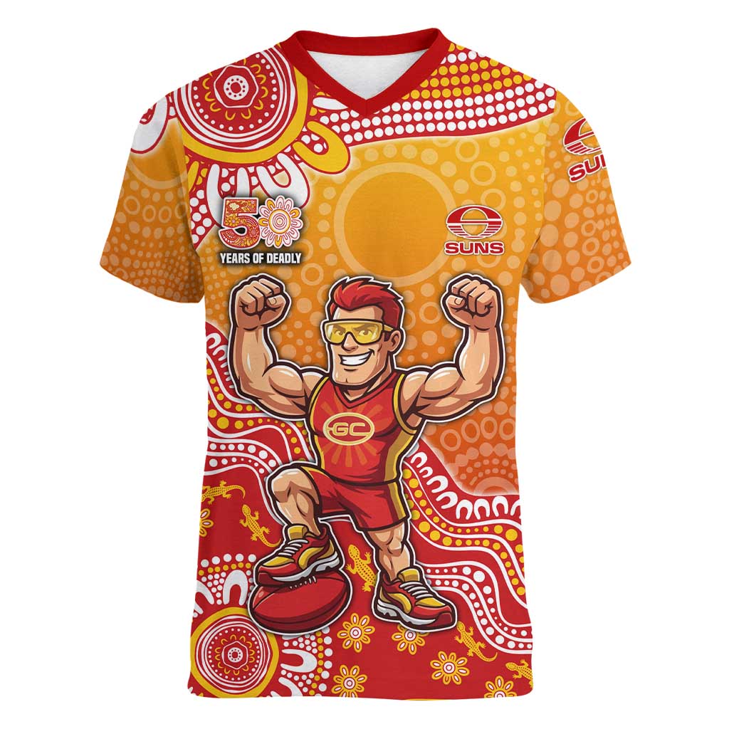 Personalized Suns Football Mascot Women V-Neck T-Shirt Aboriginal Dot Art Style Vibrant Indigenous Pattern Design