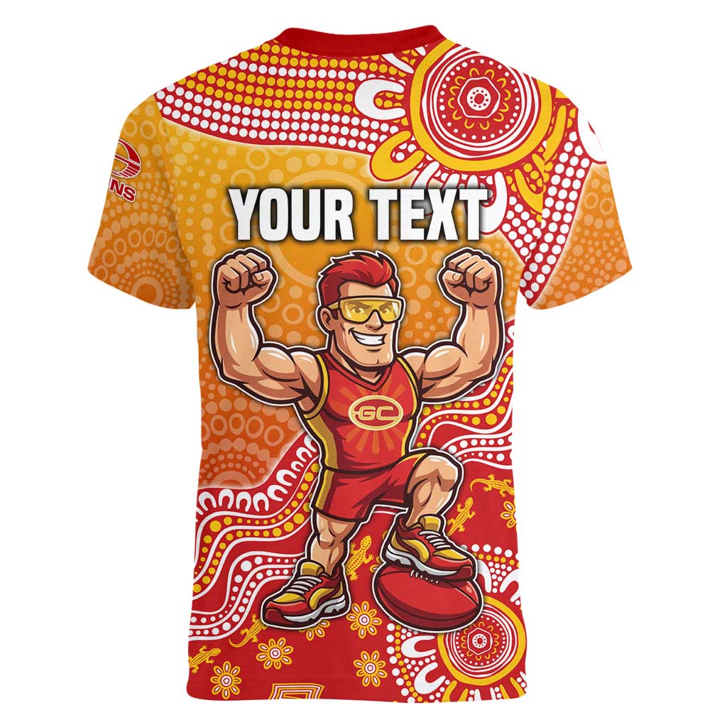Personalized Suns Football Mascot Women V-Neck T-Shirt Aboriginal Dot Art Style Vibrant Indigenous Pattern Design