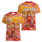 Personalized Suns Football Mascot Women V-Neck T-Shirt Aboriginal Dot Art Style Vibrant Indigenous Pattern Design