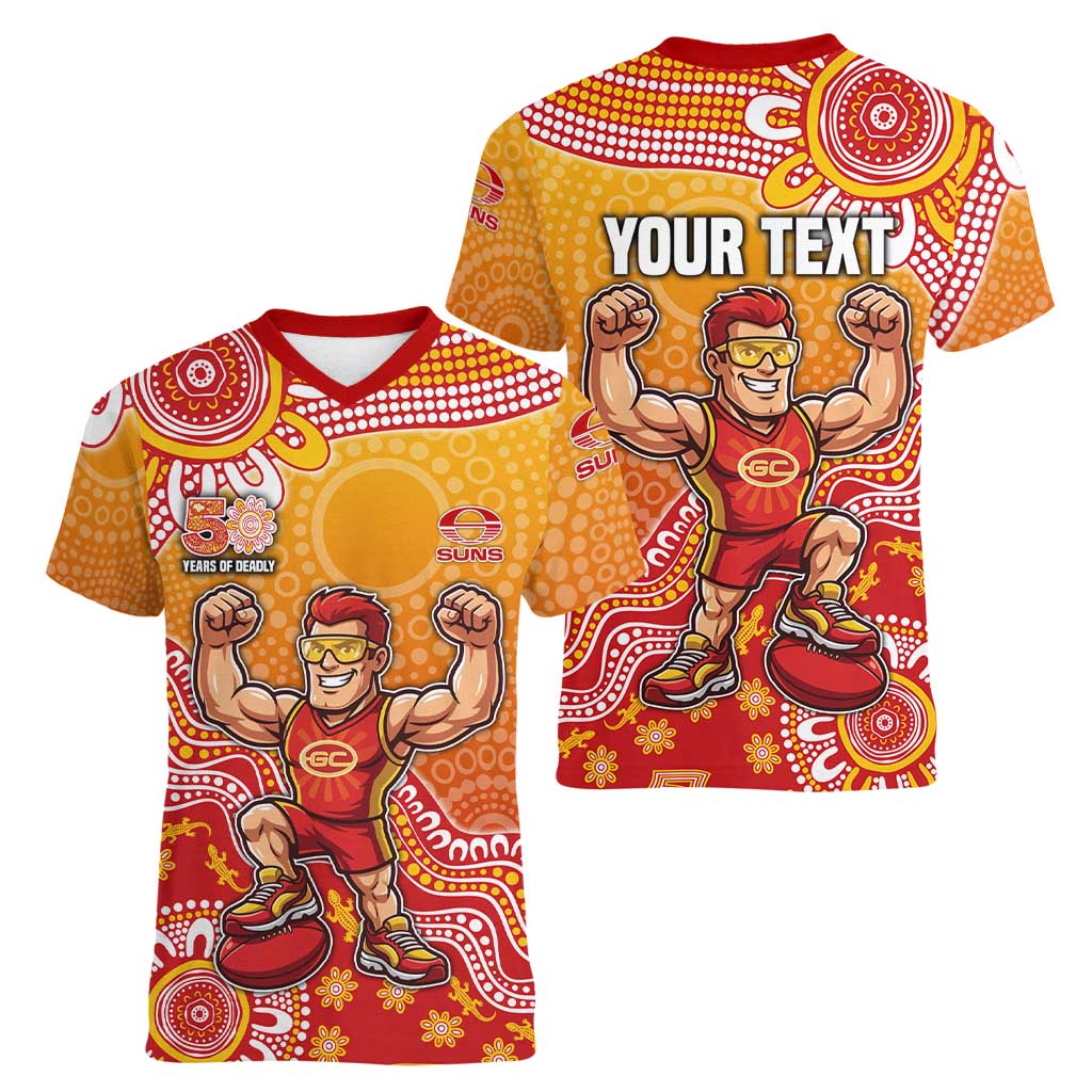 Personalized Suns Football Mascot Women V-Neck T-Shirt Aboriginal Dot Art Style Vibrant Indigenous Pattern Design