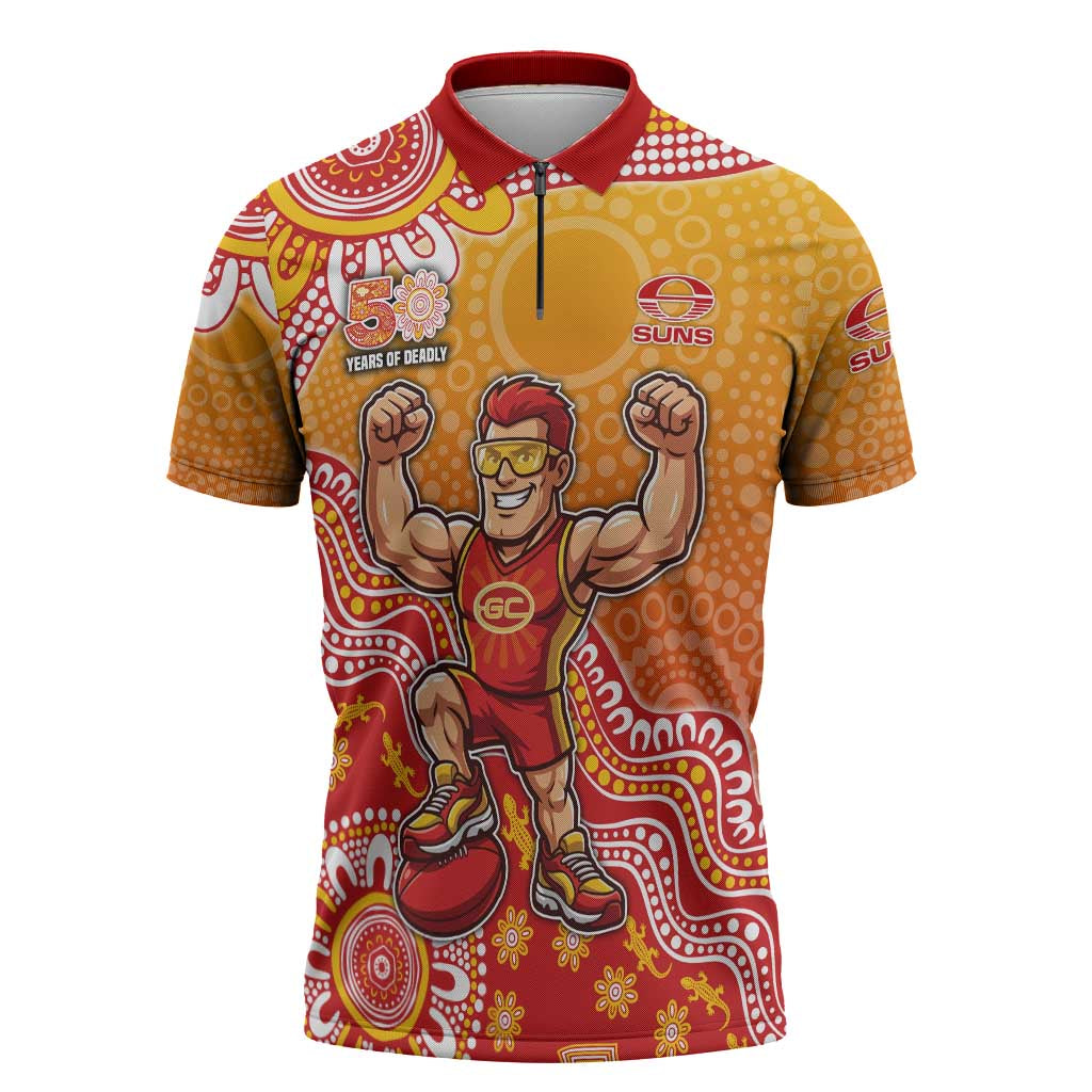 Personalized Suns Football Mascot Zipper Polo Shirt Aboriginal Dot Art Style Vibrant Indigenous Pattern Design