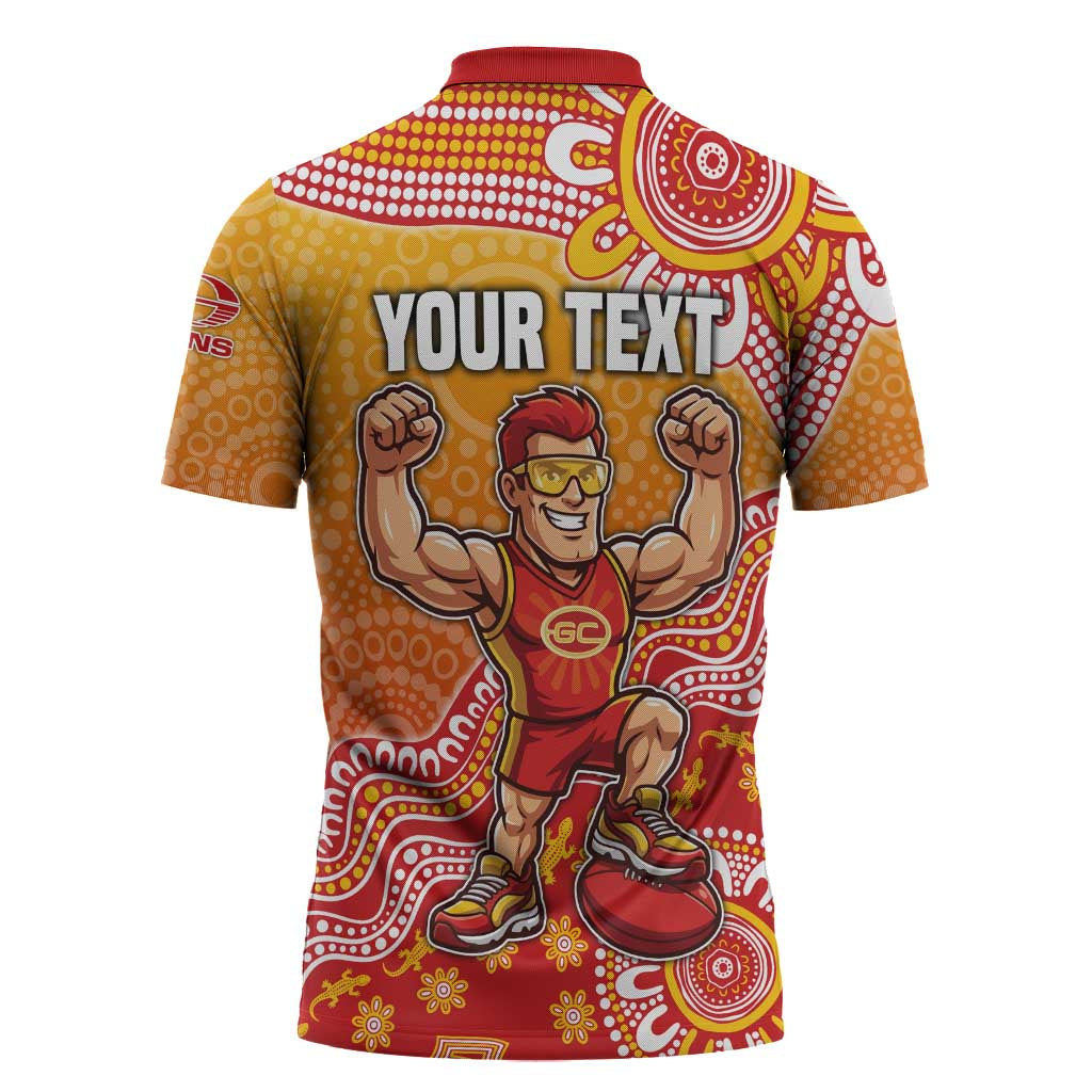 Personalized Suns Football Mascot Zipper Polo Shirt Aboriginal Dot Art Style Vibrant Indigenous Pattern Design