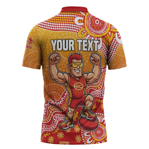 Personalized Suns Football Mascot Zipper Polo Shirt Aboriginal Dot Art Style Vibrant Indigenous Pattern Design