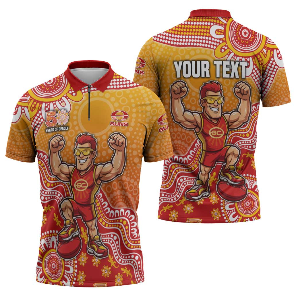 Personalized Suns Football Mascot Zipper Polo Shirt Aboriginal Dot Art Style Vibrant Indigenous Pattern Design