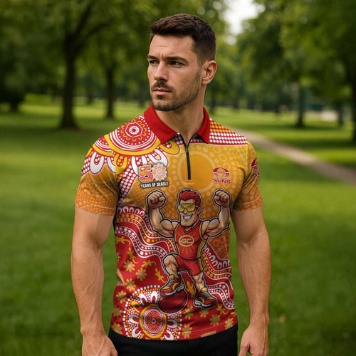 Personalized Suns Football Mascot Zipper Polo Shirt Aboriginal Dot Art Style Vibrant Indigenous Pattern Design