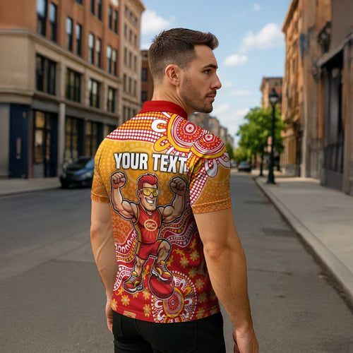 Personalized Suns Football Mascot Zipper Polo Shirt Aboriginal Dot Art Style Vibrant Indigenous Pattern Design