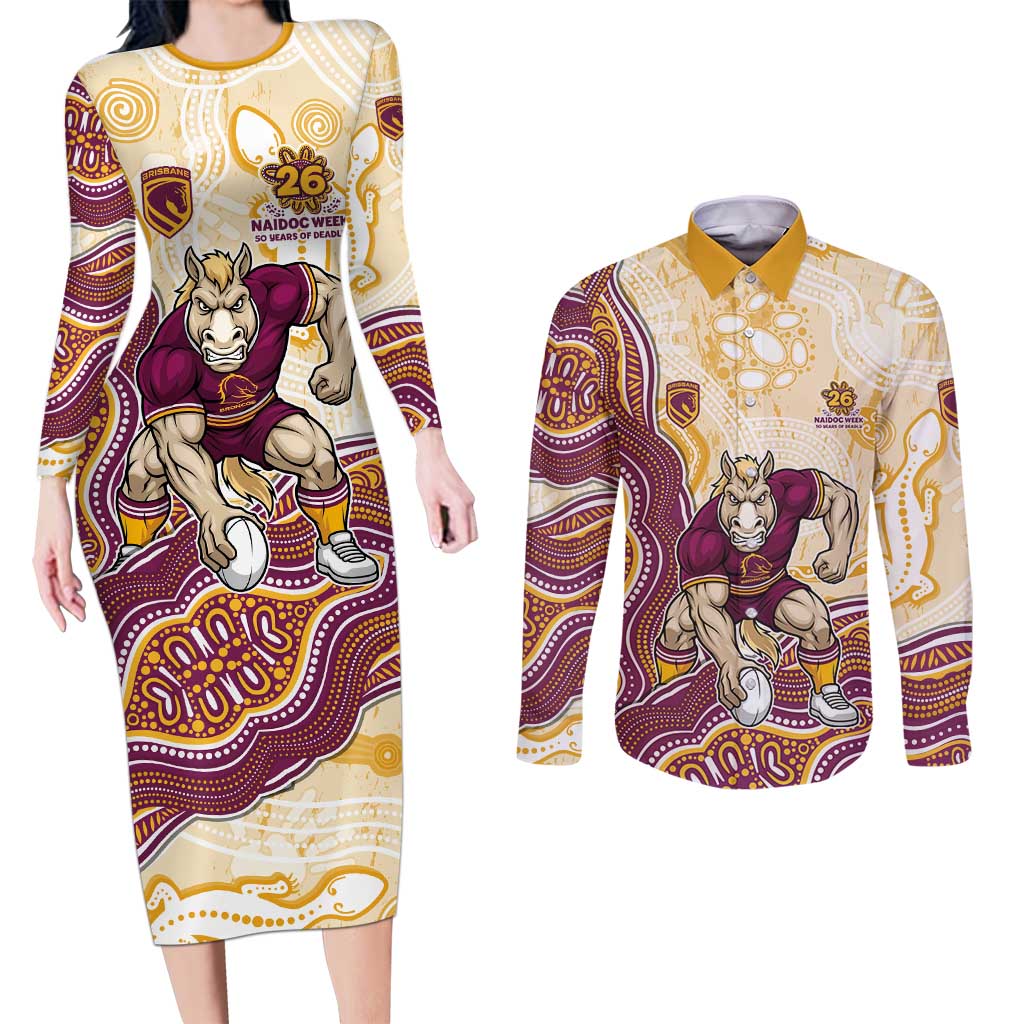 Brisbane Broncos NAIDOC Week 2026 Couples Matching Long Sleeve Bodycon Dress and Long Sleeve Button Shirt First Nations of Australia Aboriginal Mascot Rugby