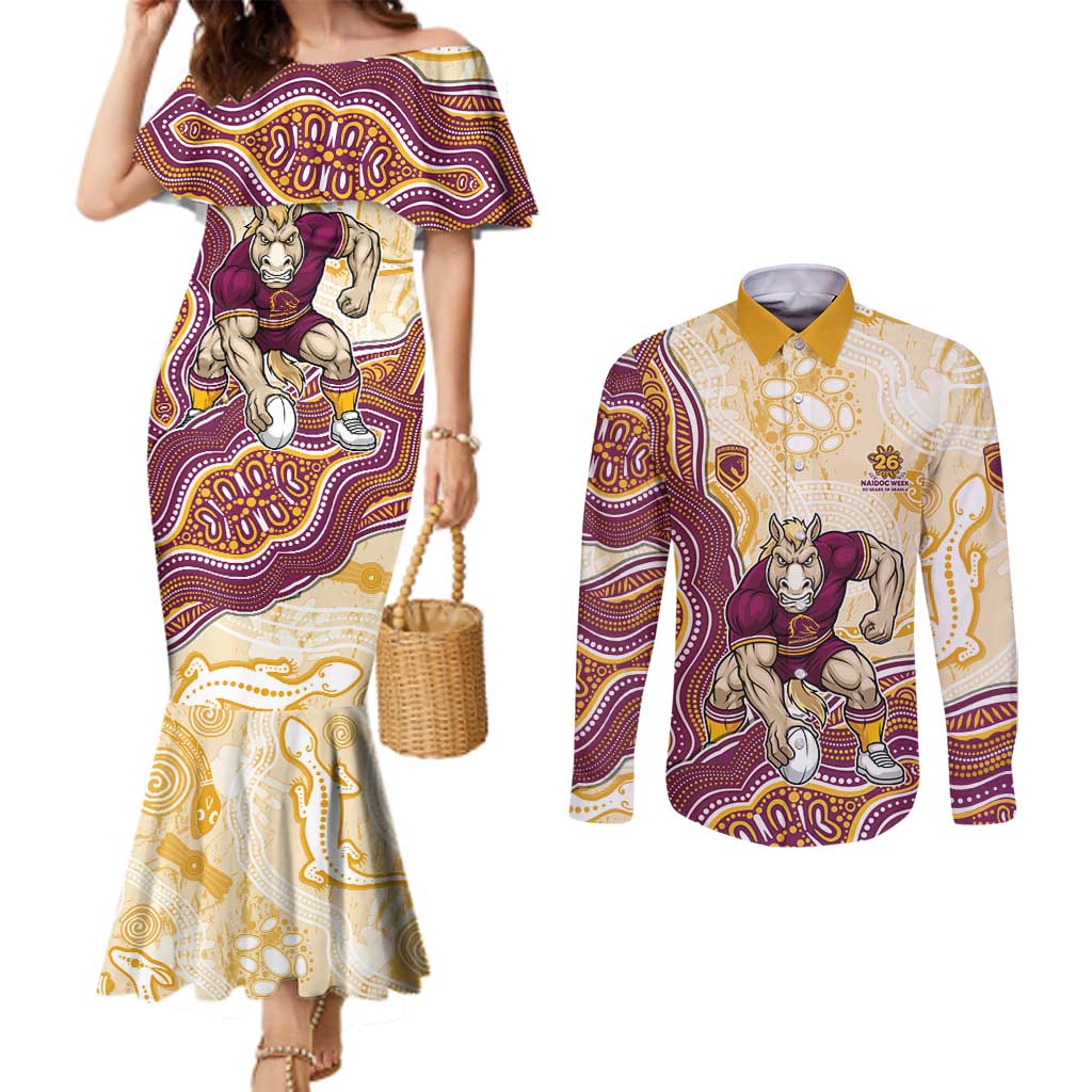 Brisbane Broncos NAIDOC Week 2026 Couples Matching Mermaid Dress and Long Sleeve Button Shirt First Nations of Australia Aboriginal Mascot Rugby