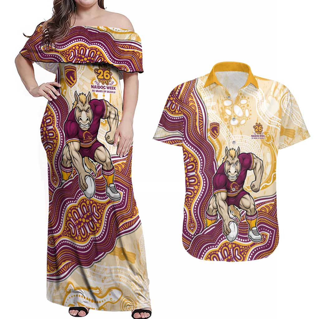 Brisbane Broncos NAIDOC Week 2026 Couples Matching Off Shoulder Maxi Dress and Hawaiian Shirt First Nations of Australia Aboriginal Mascot Rugby