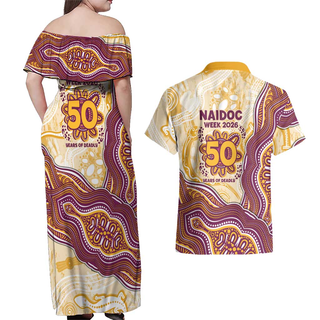 Brisbane Broncos NAIDOC Week 2026 Couples Matching Off Shoulder Maxi Dress and Hawaiian Shirt First Nations of Australia Aboriginal Mascot Rugby
