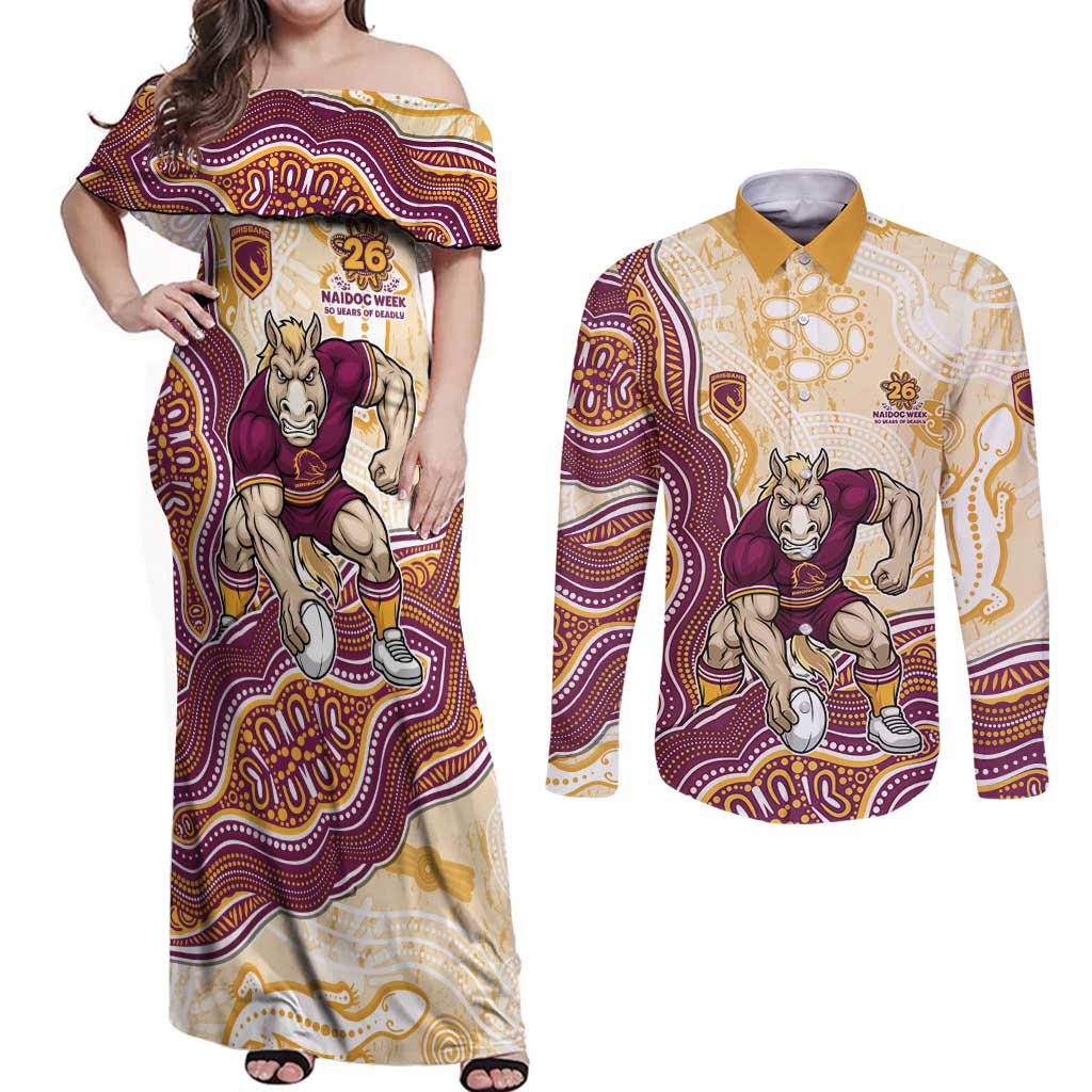 Brisbane Broncos NAIDOC Week 2026 Couples Matching Off Shoulder Maxi Dress and Long Sleeve Button Shirt First Nations of Australia Aboriginal Mascot Rugby