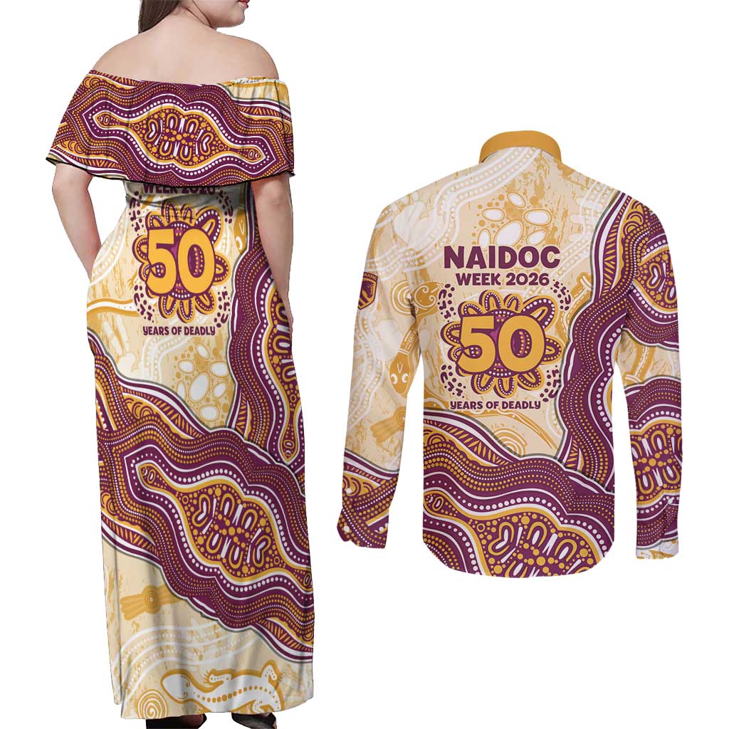 Brisbane Broncos NAIDOC Week 2026 Couples Matching Off Shoulder Maxi Dress and Long Sleeve Button Shirt First Nations of Australia Aboriginal Mascot Rugby