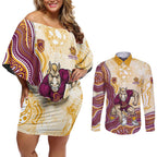 Brisbane Broncos NAIDOC Week 2026 Couples Matching Off Shoulder Short Dress and Long Sleeve Button Shirt First Nations of Australia Aboriginal Mascot Rugby