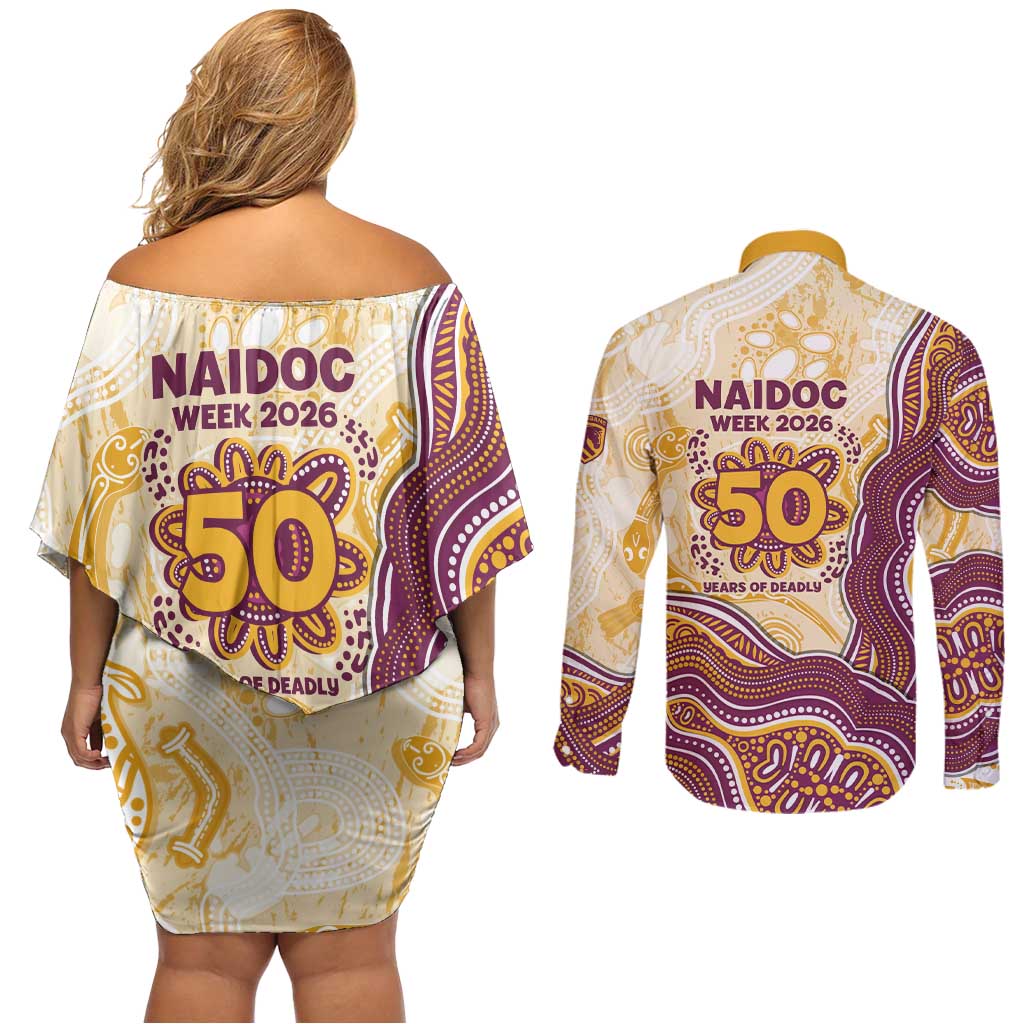 Brisbane Broncos NAIDOC Week 2026 Couples Matching Off Shoulder Short Dress and Long Sleeve Button Shirt First Nations of Australia Aboriginal Mascot Rugby
