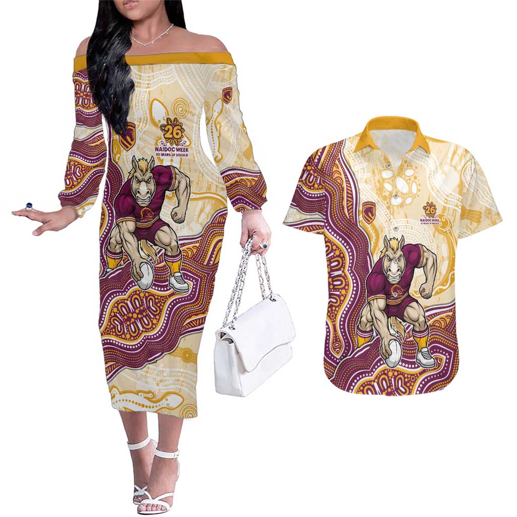Brisbane Broncos NAIDOC Week 2026 Couples Matching Off The Shoulder Long Sleeve Dress and Hawaiian Shirt First Nations of Australia Aboriginal Mascot Rugby