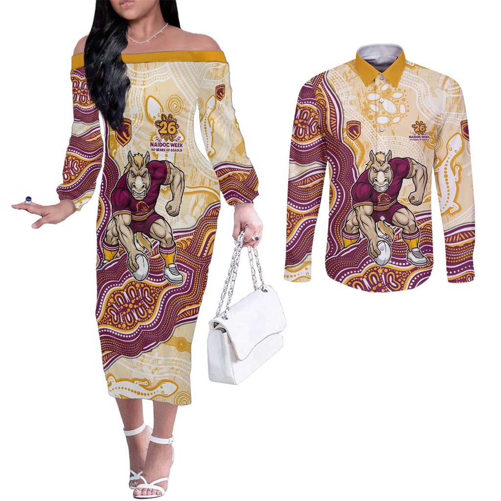 Brisbane Broncos NAIDOC Week 2026 Couples Matching Off The Shoulder Long Sleeve Dress and Long Sleeve Button Shirt First Nations of Australia Aboriginal Mascot Rugby