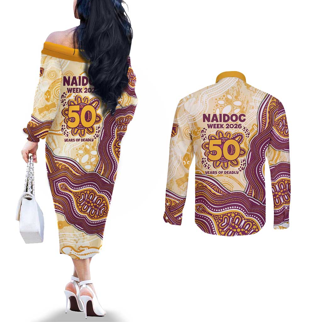 Brisbane Broncos NAIDOC Week 2026 Couples Matching Off The Shoulder Long Sleeve Dress and Long Sleeve Button Shirt First Nations of Australia Aboriginal Mascot Rugby