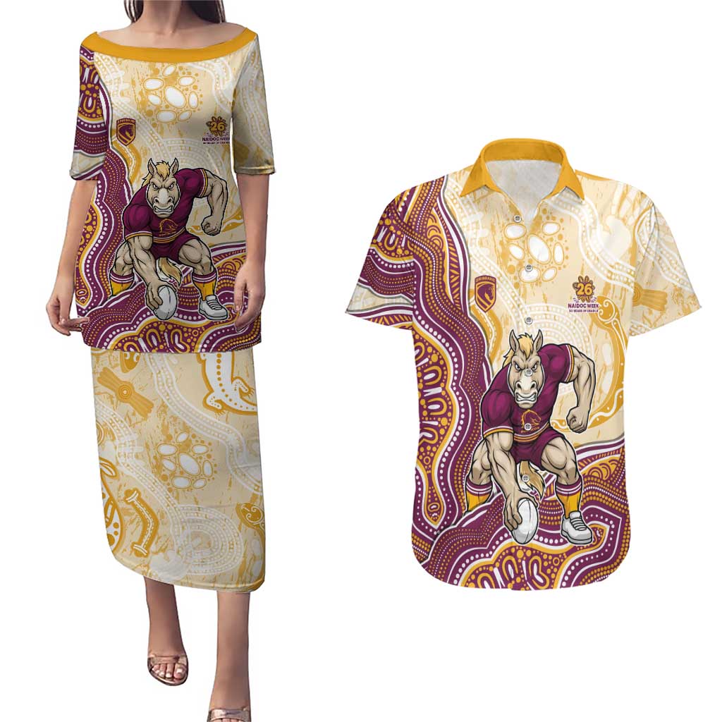 Brisbane Broncos NAIDOC Week 2026 Couples Matching Puletasi and Hawaiian Shirt First Nations of Australia Aboriginal Mascot Rugby
