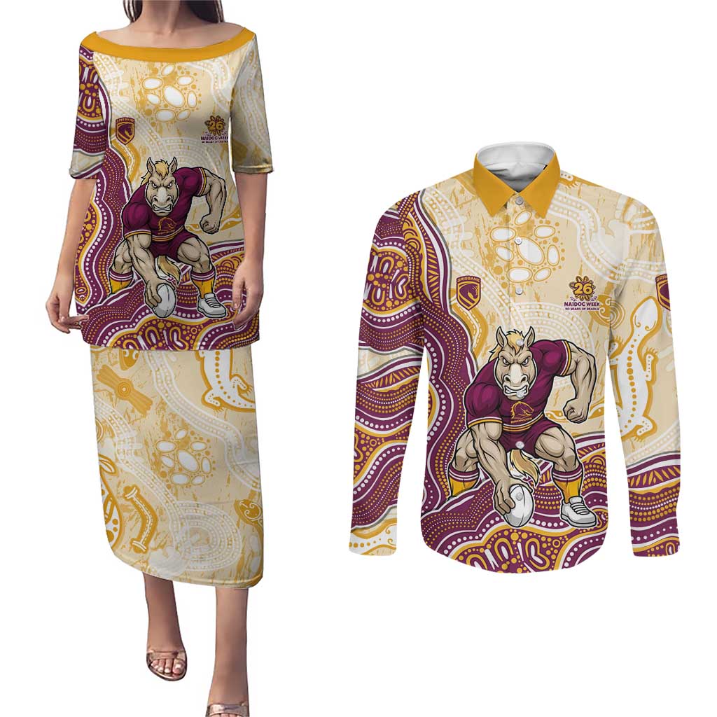 Brisbane Broncos NAIDOC Week 2026 Couples Matching Puletasi and Long Sleeve Button Shirt First Nations of Australia Aboriginal Mascot Rugby