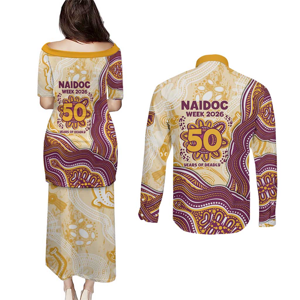 Brisbane Broncos NAIDOC Week 2026 Couples Matching Puletasi and Long Sleeve Button Shirt First Nations of Australia Aboriginal Mascot Rugby