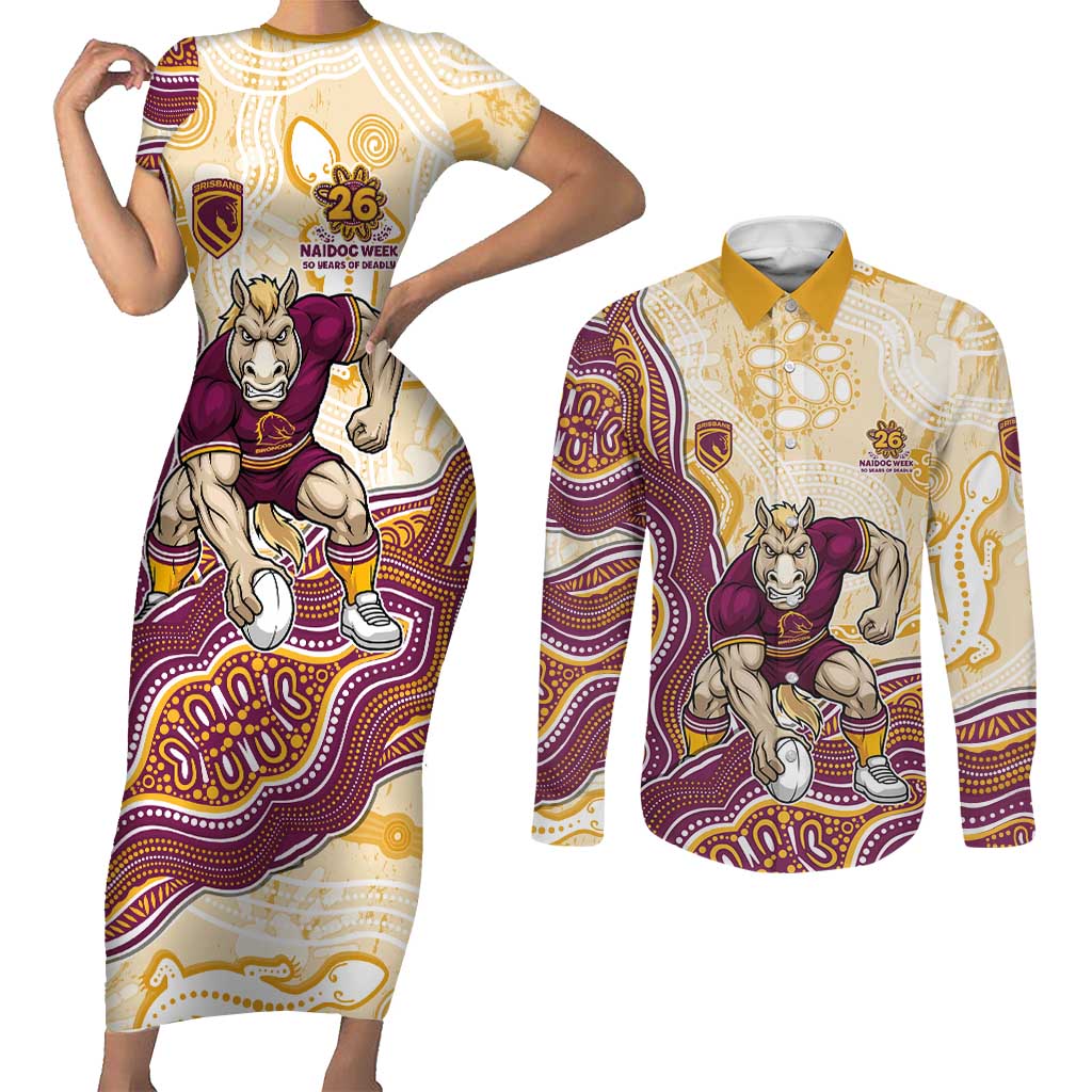 Brisbane Broncos NAIDOC Week 2026 Couples Matching Short Sleeve Bodycon Dress and Long Sleeve Button Shirt First Nations of Australia Aboriginal Mascot Rugby
