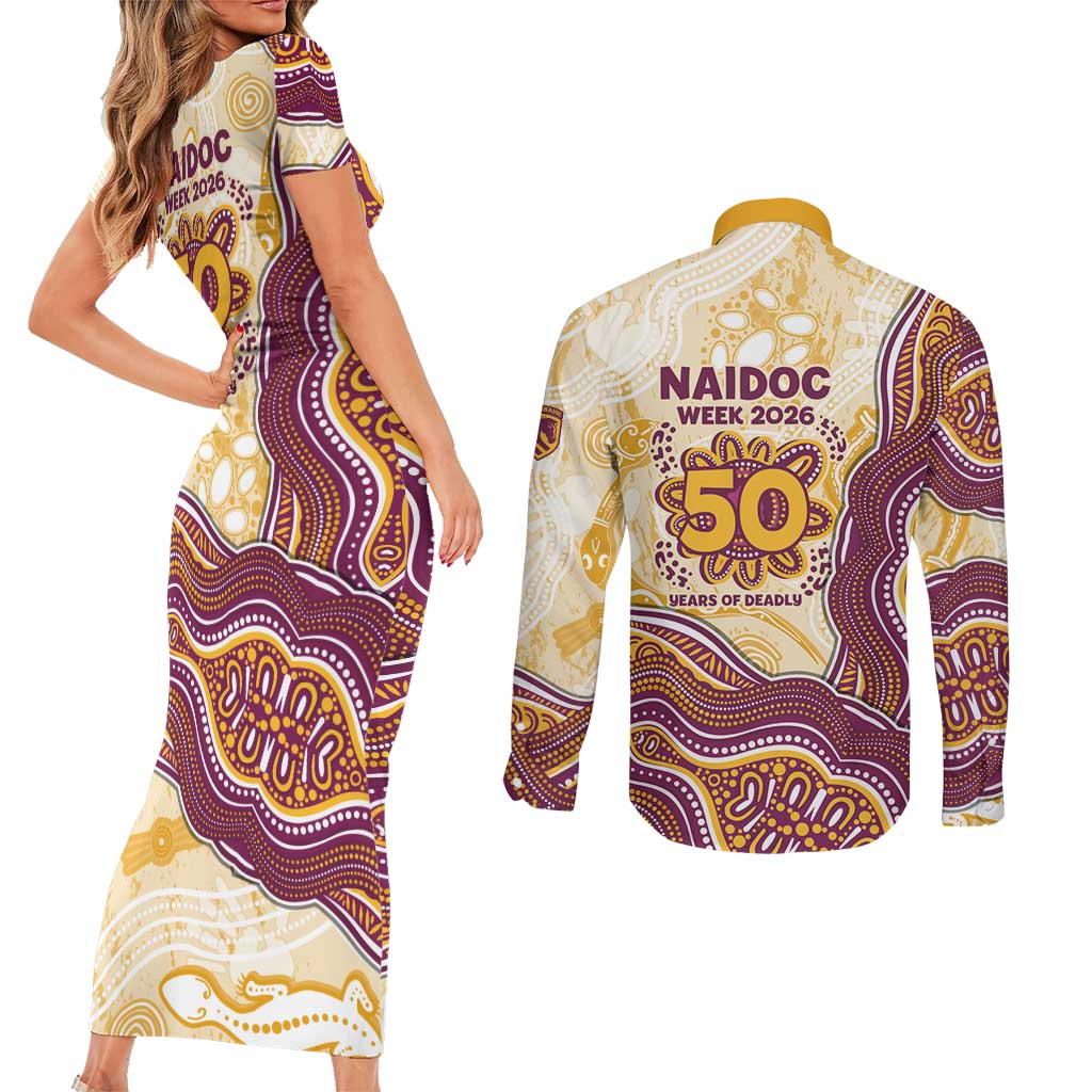 Brisbane Broncos NAIDOC Week 2026 Couples Matching Short Sleeve Bodycon Dress and Long Sleeve Button Shirt First Nations of Australia Aboriginal Mascot Rugby
