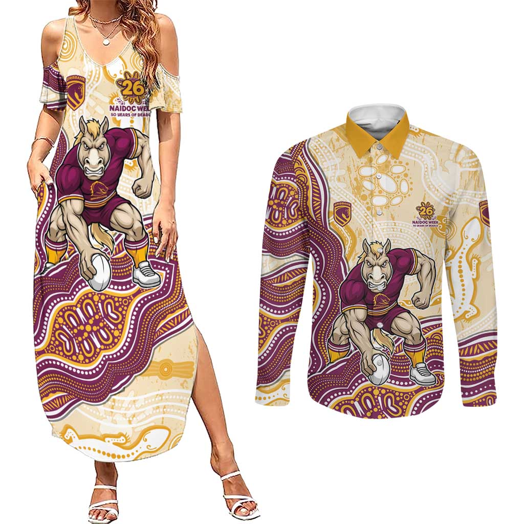 Brisbane Broncos NAIDOC Week 2026 Couples Matching Summer Maxi Dress and Long Sleeve Button Shirt First Nations of Australia Aboriginal Mascot Rugby