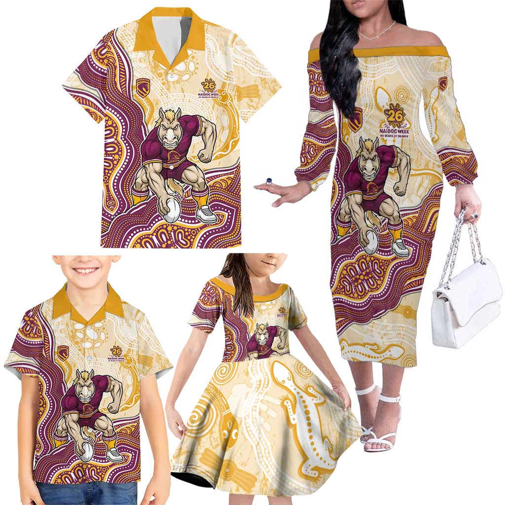 Brisbane Broncos NAIDOC Week 2026 Family Matching Off The Shoulder Long Sleeve Dress and Hawaiian Shirt First Nations of Australia Aboriginal Mascot Rugby